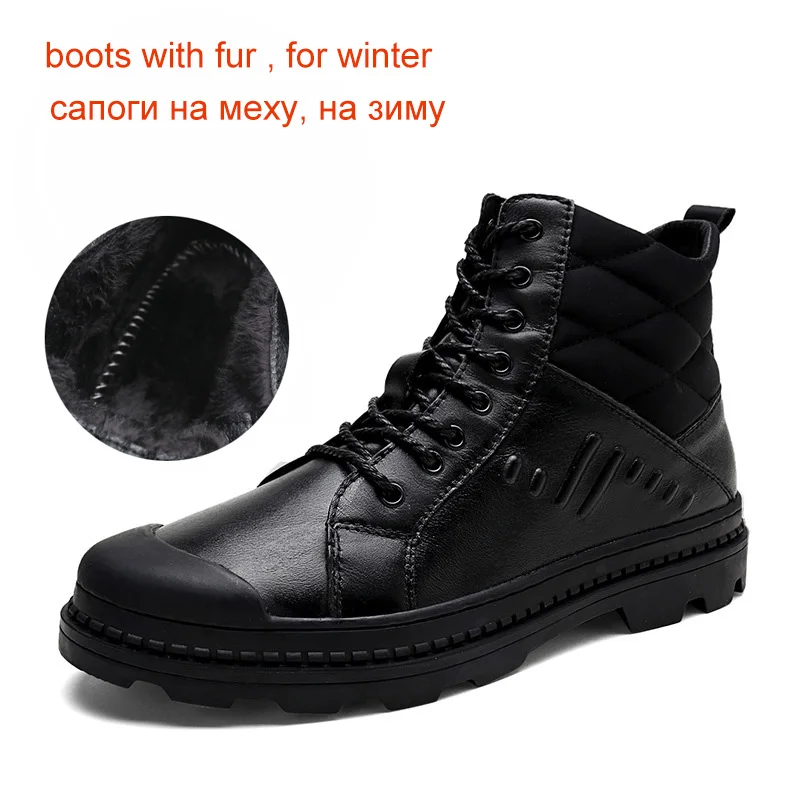 Reetene/новые кожаные мужские ботинки; сезон осень-зима; модные теплые коричневые ботильоны на шнуровке; большие размеры; мужские ботинки; Теплые повседневные рабочие ботинки - Цвет: Black with fur