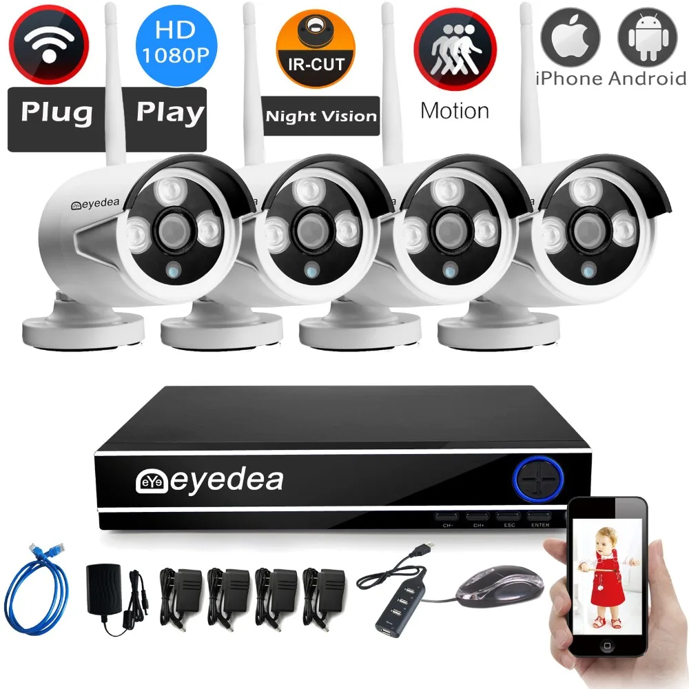 

Stock in Japan Eyedea WiFi Wireless 1080P 2.0MP NVR 5500TVL Night Vision Outdoor Remote Phone View CCTV Security Camera System