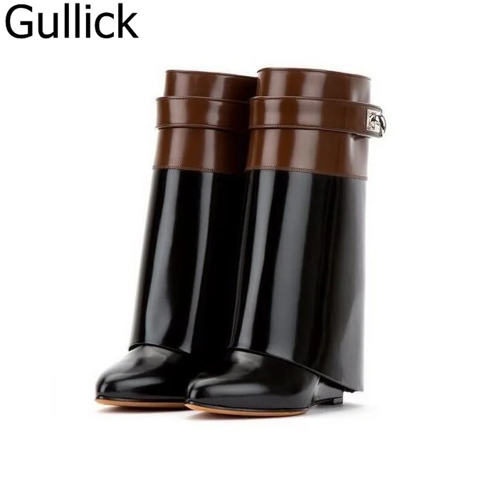 Newest Designer Winter Fashion Wedge Heel Patent Leather Mid Calf Boots