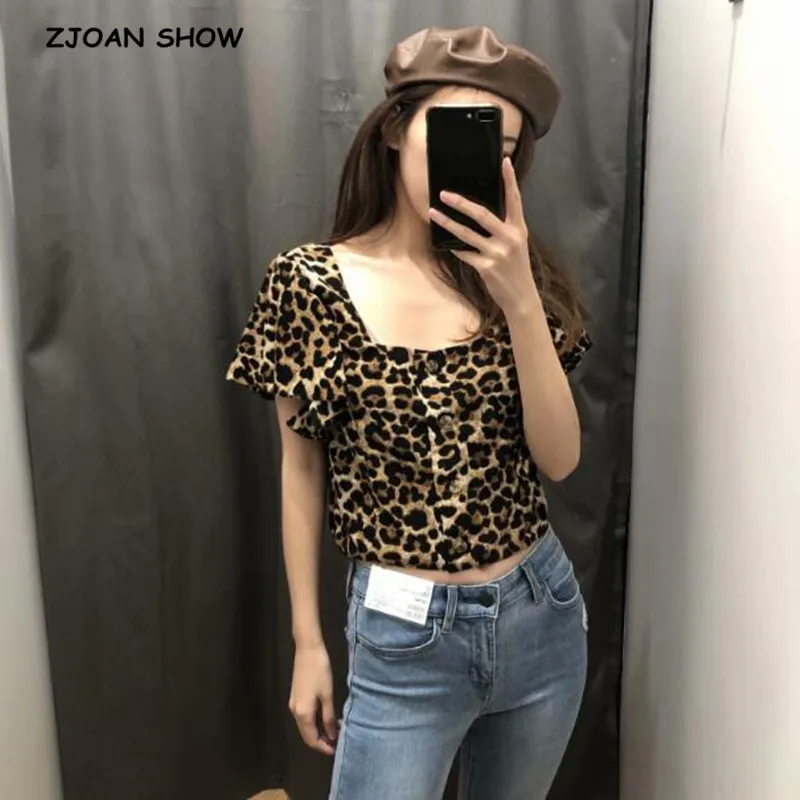 

2019 New Retro Leopard Print Short sleeve Short Shirt Vintage Woman Square Collar Snake Cardigan Blouse Femme Blusas Tops