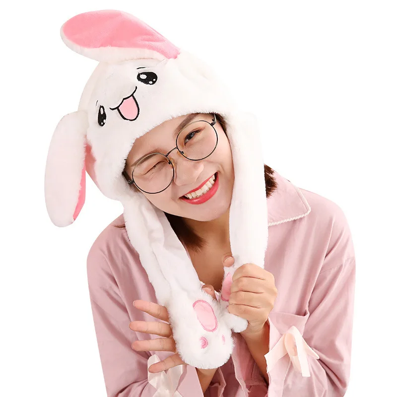 

Newest Winter Children Adult Rabbit Hat Plush Cute Vibrating Toy Hat Pinches Ear 2018 Fashion Moving Hat Rabbit Ears Plush Sweet