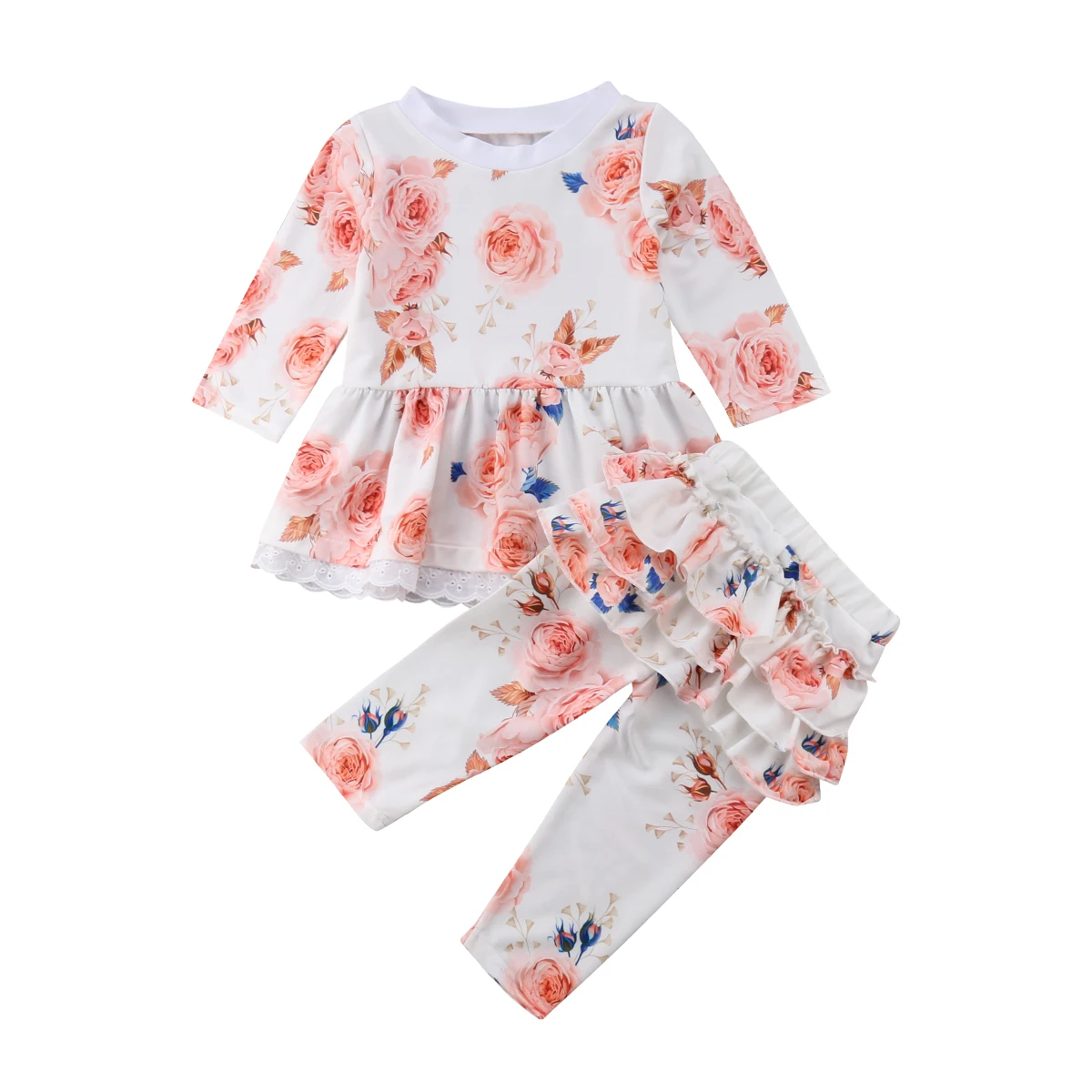 

0-24M Cute Newborn Baby Girl Floral Clothes Long Sleeve Lace Mini Dress Tops+Ruffles Long Pant Legging 2PCS Outfit Clothing Set