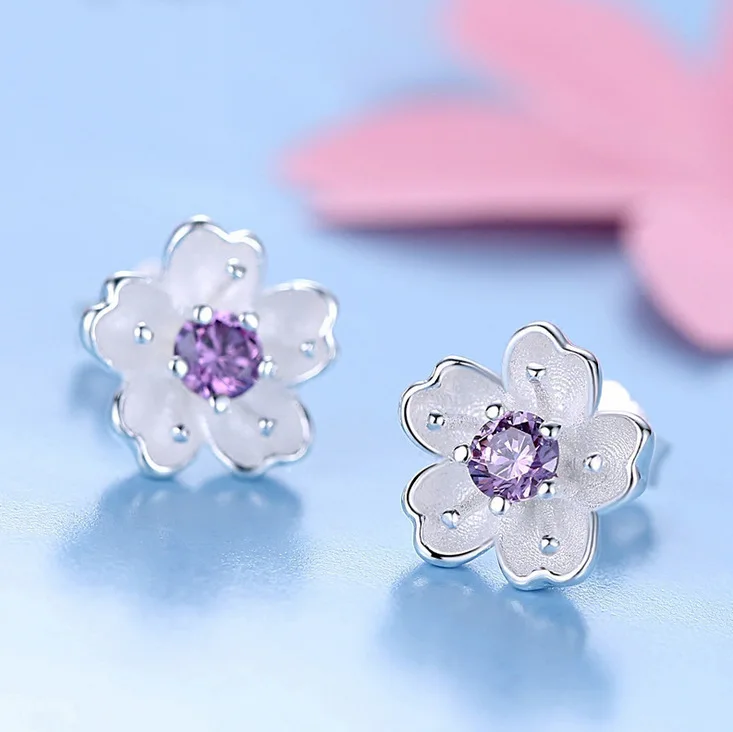 

Purple/pink Poetic Cherry Blossom Flower 925 Sterling Silver Stud Earrings for Women Fashion Sterling Silver Jewelry