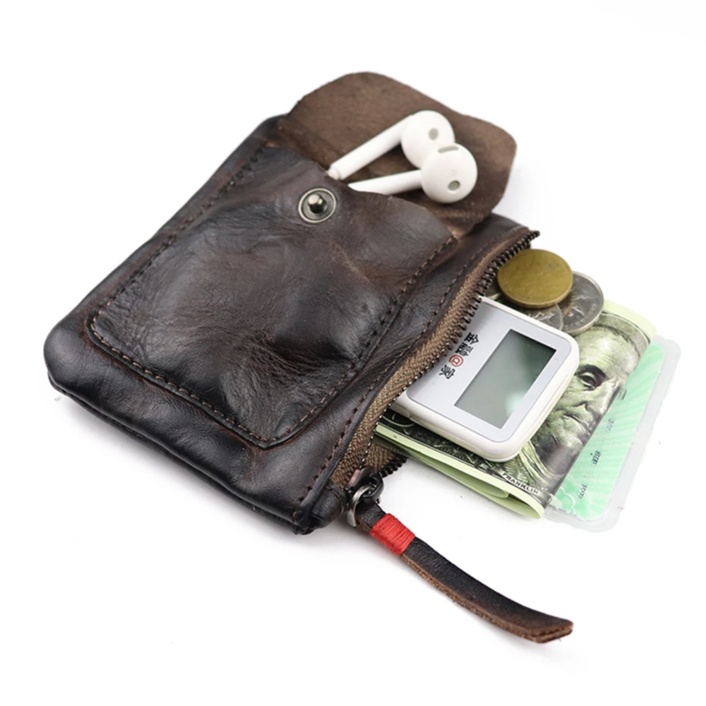 

ZYD-COOL Genuine Leather Men Wallet Men's Women Vintage Short Small Mini Wallets Coin Purse Card Holder Zipper Headset Pocket