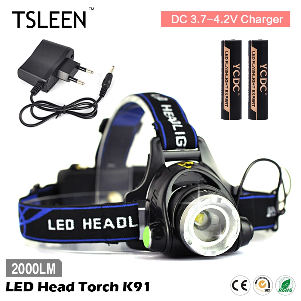 

TSLEEN 2000lm cree xml t6 led head torch waterproof Rechargeable Cycling Front Light fishing/hunting/racing light