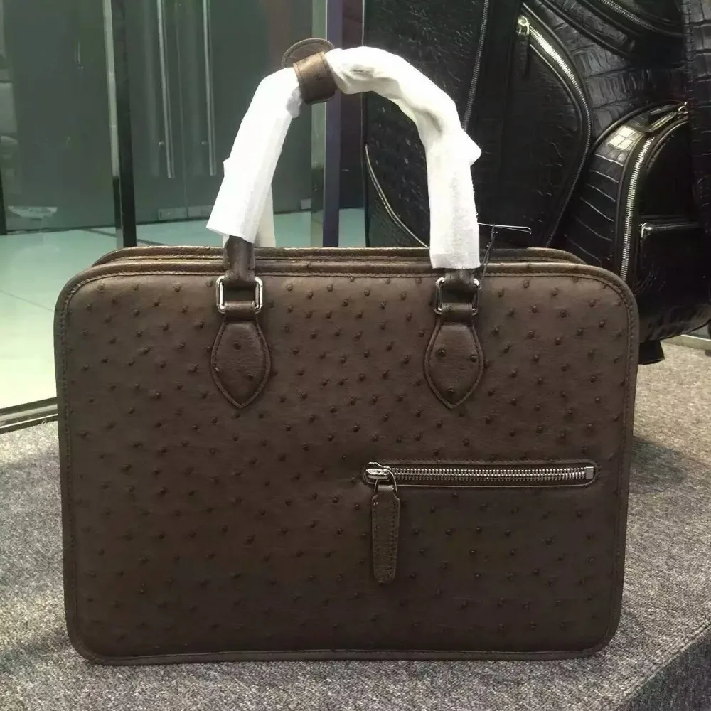 100% Genuine ostrich skin leather briefcase men business laptop bag, ostrich skin men official briefcase handbag brown and black