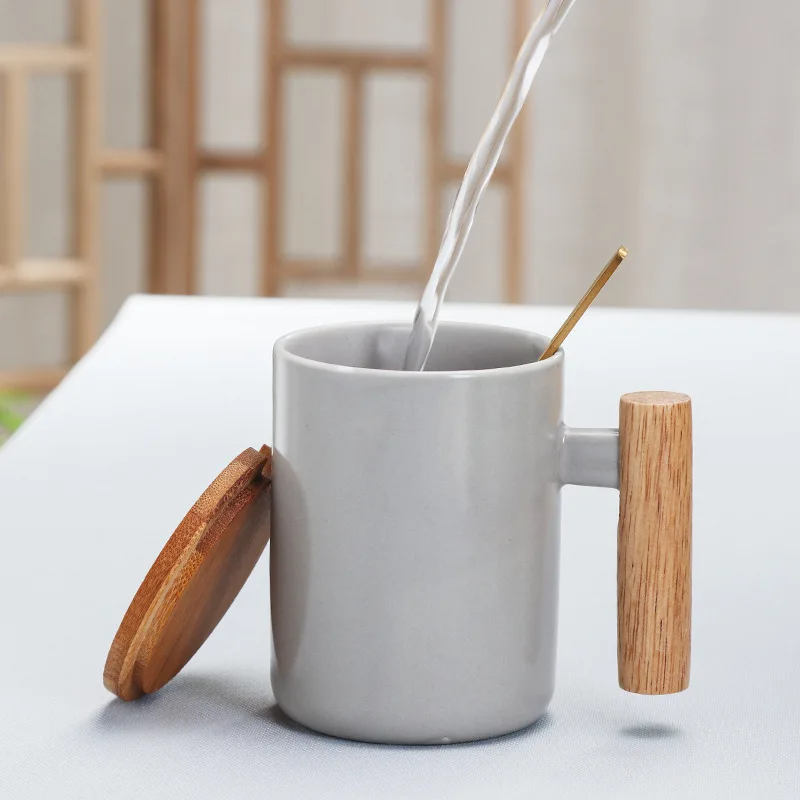

Simple Nordic Mark Ceramic Cup Creative Literary Cup Coffee Cup Wood Handle Cup With Cover Spoon Gift Box Cup