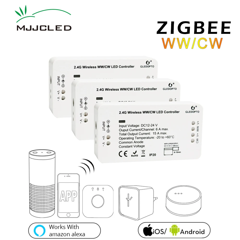 Zigbee Bridge LED Controller CW WW Dimmer Strip Controller DC 12V 24V Zll Standard App Controlled LED Zigbee LED Dimmer