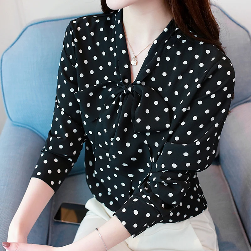 Black White V neck Long Sleeve Belted Polka Dot Blouse Shirt 2018 New ...