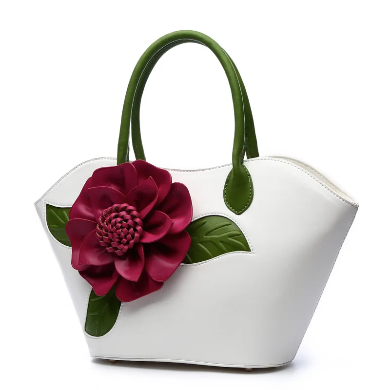 

floral totes handbag women appliques flower shoulder bag summer 2017 leather bag white green red purple green color