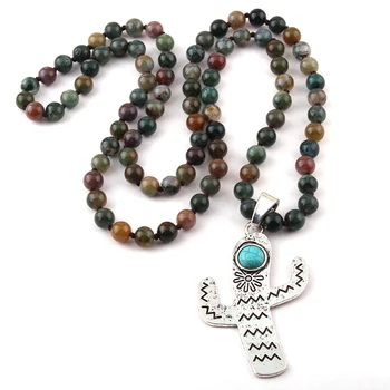 

Free Shipping Bohemian Jewelry long knotted Halsband Cactus Charm Pendant Necklace For Women Statement Necklaces