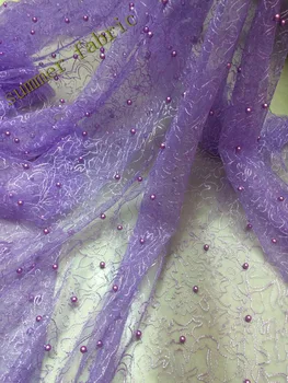 

New arrival French tulle net lace fabric with beads and pearls elegant design for dress in purple gold wine red white colour