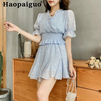 

Plus Size 2019 Summer Korean Style Casual Cotton Short Sleeve Ruffles Blouse and Print Polka Dot Mini Dress Women 2 Pieces Set