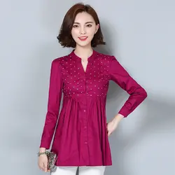Плюс Размеры 2018 Новый Осень Для женщин рубашки длинный рукав Slim v-образным вырезом Длинная блузка рубашка небесно-синий и красный цвета