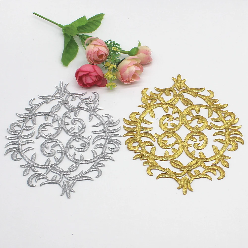 

YACKALASI 5 Pcs/Lot Iron On Patches Gold Embroidery Flower Appliqued Christmas Fleur Flower 3D Appliques 13*15cm