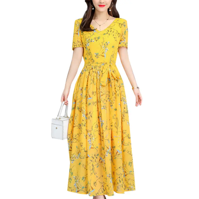 

Fashion New Boho Chiffon Beach Dress Women 2019 Summer Yellow Foral Print V-Neck Short Sleeve Big Swing Party Dresses Vestidos