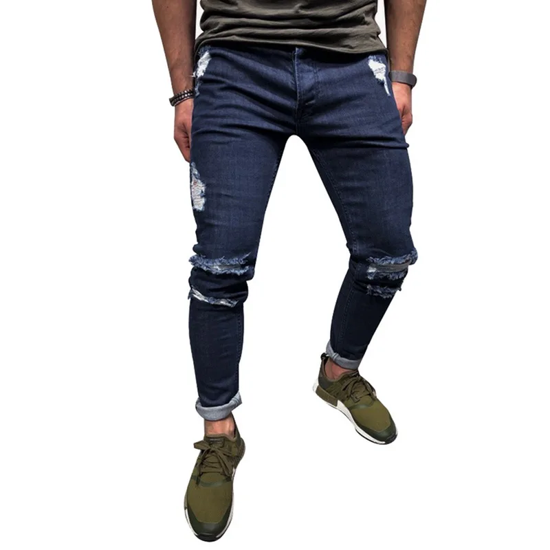 

HEFLASHOR Men Skinny Jeans Vintage Denim Pencil Pants Casual Stretch Trousers Hole Ripped Male Zipper bottom Jeans Streetwear