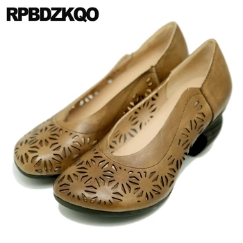 

Closed Toe Designer Genuine Leather High Heels Summer Block Women Shoes 2018 Spring Sandals Thick Runway Brown Pumps Ladies