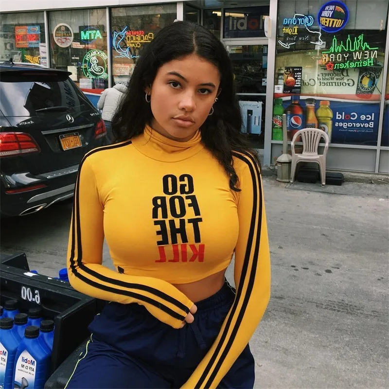 

Yellow Long Sleeves Crop Tee Casual Women T shirt Summer Cute Tops Go For The Kill Tee Shirt