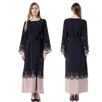 

New Women Maxi Dress Muslim Long Sleeve Patchwork Pearls Lace Elegant Belt Lot