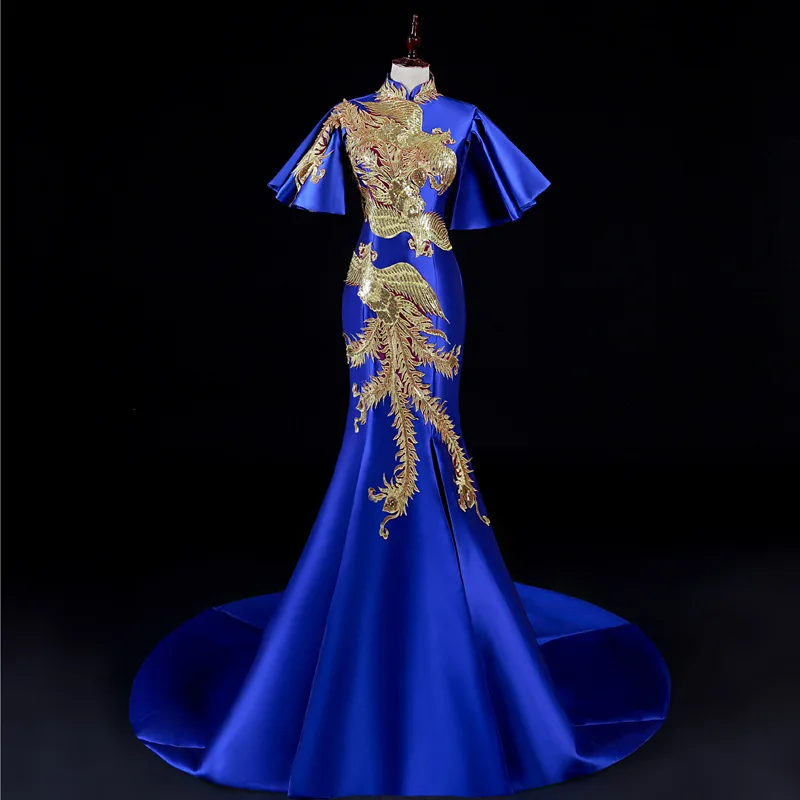 Королевский Синий Аппликация традиционное китайское свадебное платье Cheongsam Qipao Дракон костюм феникса с расклешенными рукавами Вечерние