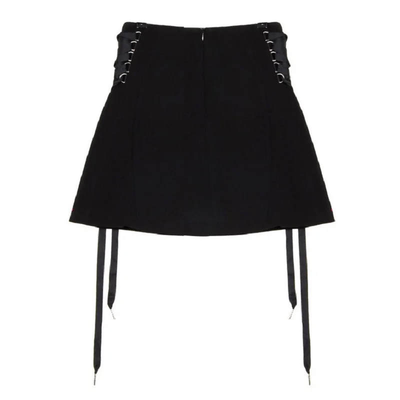 Юбки Харадзюку на шнуровке по бокам; черная мини-юбка в готическом стиле для девочек; трапециевидная юбка с высокой талией и застежкой-молнией