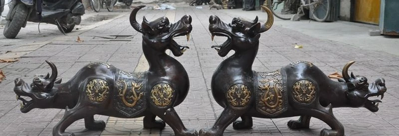 

china bronze fengshui Dragon Weird Beast pixiu Unicorn Evil spirits statue pair