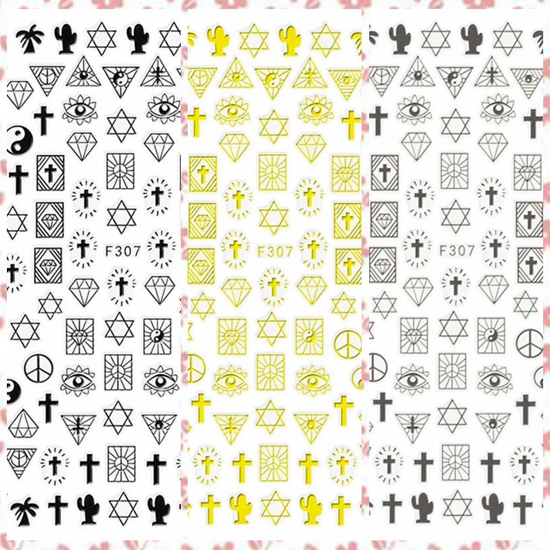 

1 Sheet Tai Ji Cross Diamond Line Graph Totems Pattern Adhesive Nail Art Stickers Decals DIY Tips F307# Gold Silver Black White