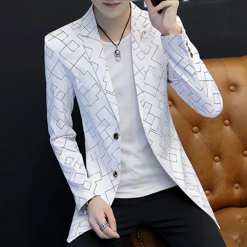 Autumn new medium long suit jacket. Men's slim plaid suit youth coat