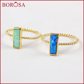 

BOROSA 10PCS Rize 7 Gold Bezel Rectangle Japanese Opal Rings White/Blue Opal Ring for Women, New Gems Mix Colors Rings ZG0236