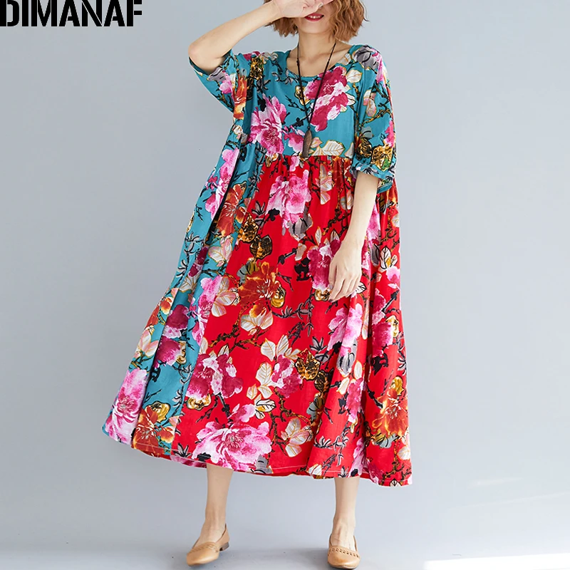 

DIMANAF Women Summer Dress Plus Size Large Clothing Femme Elegant Lady Vestidos Print Floral Casual Oversized Pleated Loose Red