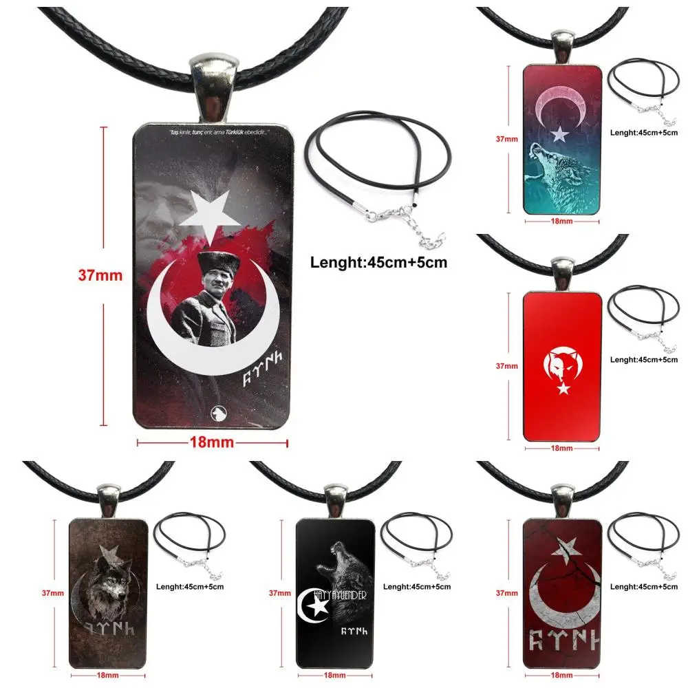 

For Schoolgirl Maxi Glass Cabochon Choker Pendant Rectangle Necklace Stainless Steel Color Jewelry Turkey Turkish Flag Wolf