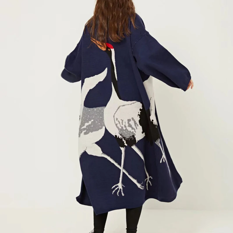 

Stork Female Cardigan Sweater for Women's Winter Jumper Coat Female Kimono Vintage Knitted Long Trench Windbreaker