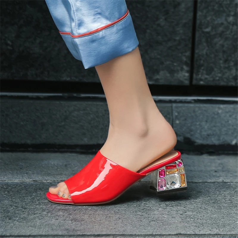 MSSTOR Peep Toe Women Slippers Summer Plus Size Red Fashion Crystal Sexy Elegant Women Luxury Shoes Square Heel Shoes Woman 2019 MSSTOR Peep Toe Women Slippers Summer Plus Size Red Fashion Crystal Sexy Elegant Women Luxury Shoes Square Heel Shoes Woman 2019