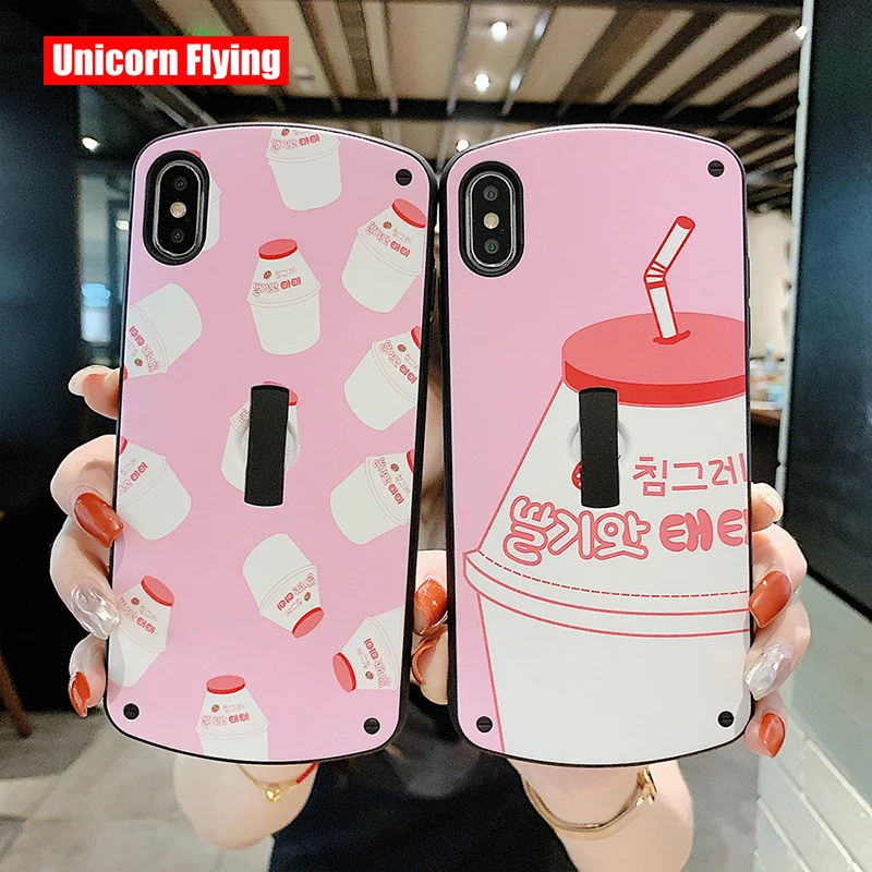 

LinXiang Cartoon Anime Pink Milk Tea Invisible Ring Stand Matte Phone Case Back Cover For iphone 6 6s 7 8 Plus X XS Max XR
