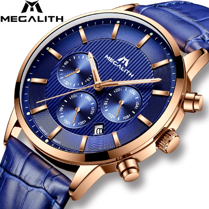 

MEGALITH Men's Chronograph Analog Quartz Watch Men With Date, Waterproof Blue Genuine Leather Strap Wristswatches For Man Colck