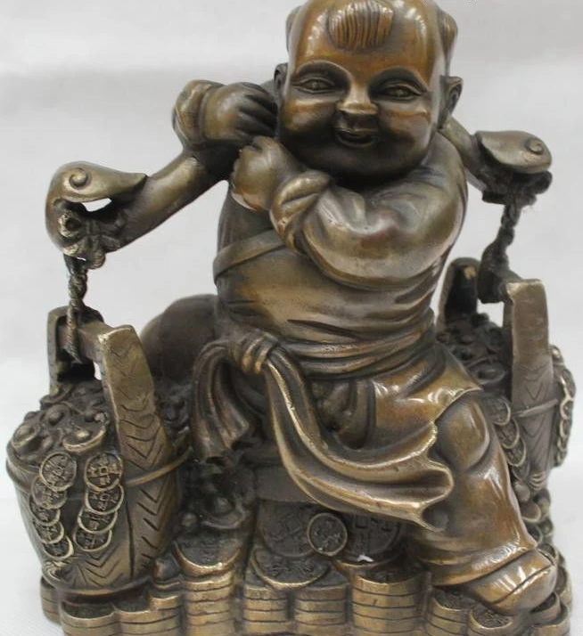 

9"China Chinese Folk Bronze Wealth Boy Lad Carry Load Cask Money Statue Sculptur