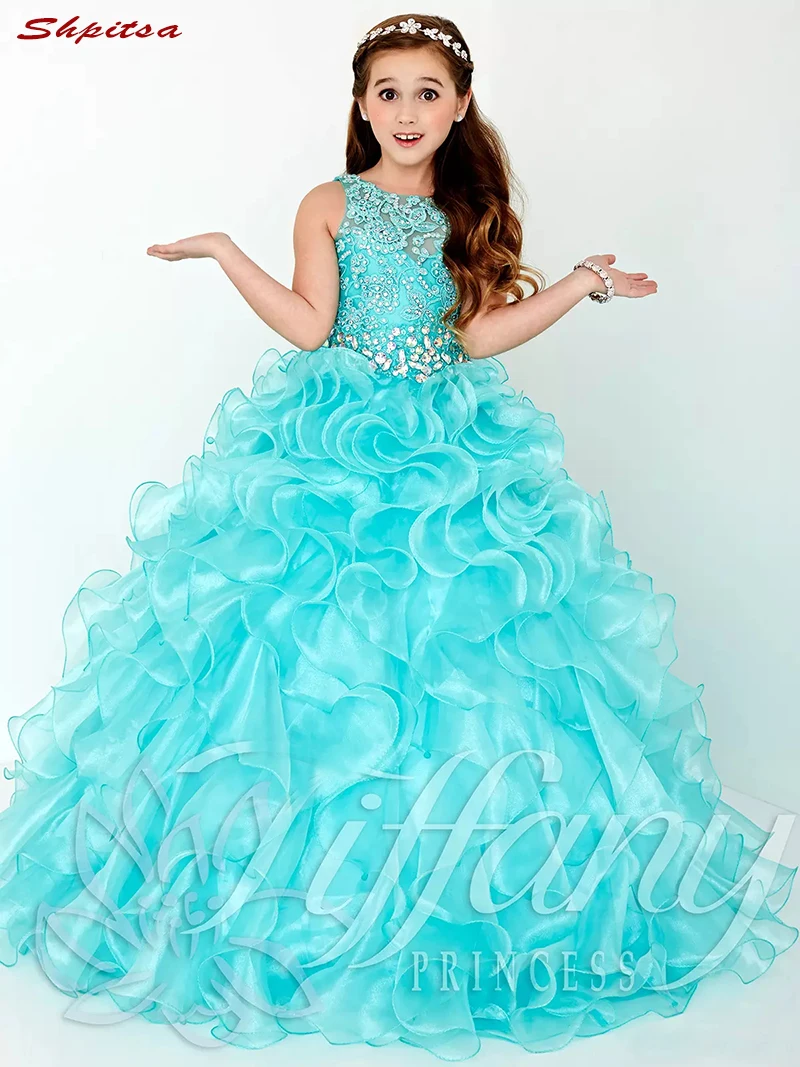 

Ice Blue Flower Girl Dresses for Weddings First Communion Pageant Dresses for Wedding Girls Kid Mesh Gowns Robes