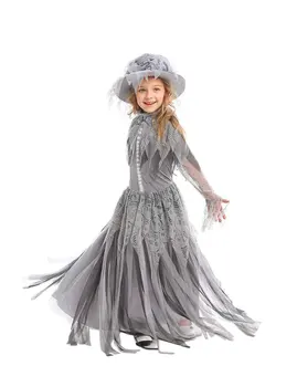 

2019 Halloween Children`s Ghost bride Cosplay Costume Kids Girls Gray Dress With Hat Full Set Fancy Dress Party Outfit 110-150cm