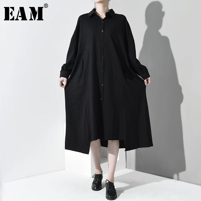 

[EAM] 2019 New Autumn Winter Lapel Long Sleeve Black Loose Big Size Stitch Irregular Hem Shirt Dress Women Fashion Tide JO352