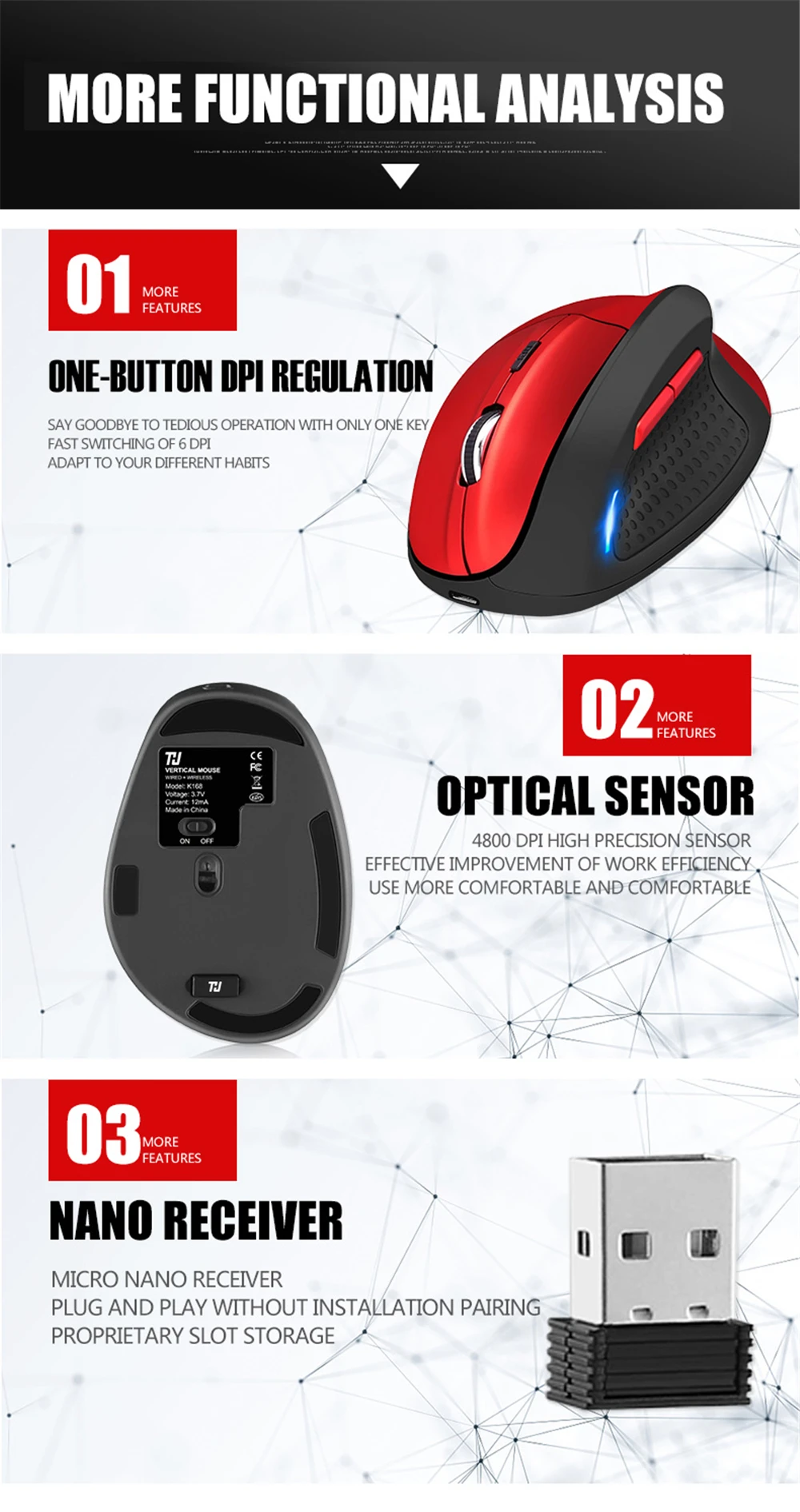 2.4G Wireless Mouse Rechargeable Ergonomic Vertical Gaming Mouse 6 DPI Level Up To 4800DPI for PC Laptop MacBook THU 19
