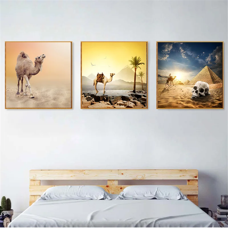 

Modern Decoration Egypt Pyramid Desert Poster Skull Camels Cairo Canvas Print Wall Pictures for Living Room Sunset Landscape