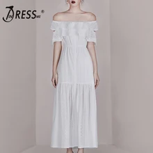INDRESSME 2019 New Off The Shoulder Lace Refined Waisted White Dress Women Lady Maxi Dress Lovely white lace details off the shoulder flared sleeves dress