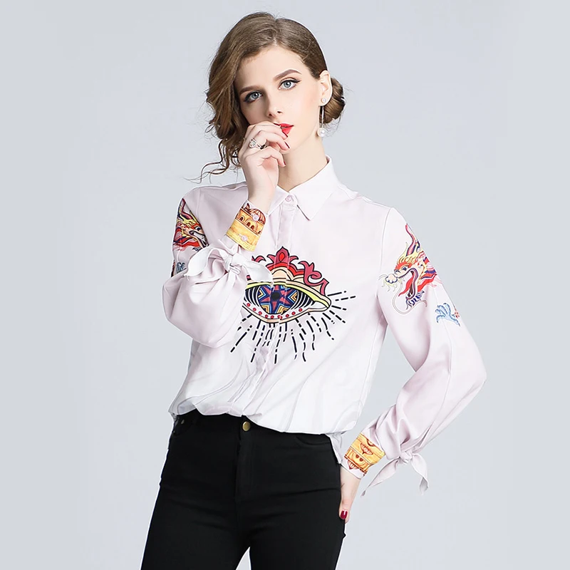 

new women casual vintage court Eyes printing loose Blouse shirt women retro autumn Feminina Blusas long sleeve brand chic tops