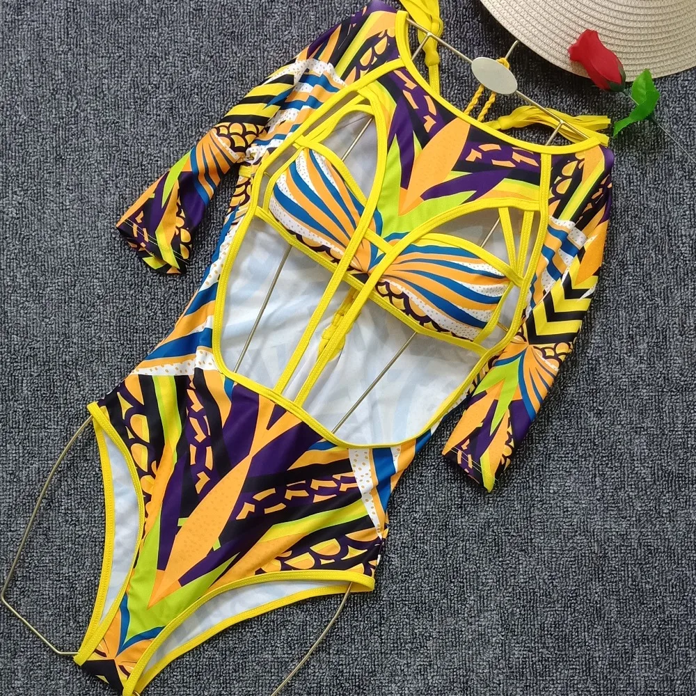 Купальник на молнии с вырезами и длинным рукавом в африканском стиле, Женский цельный купальник, монокини, стринги, купальный костюм, пуш-ап, трикини, сетчатый купальник