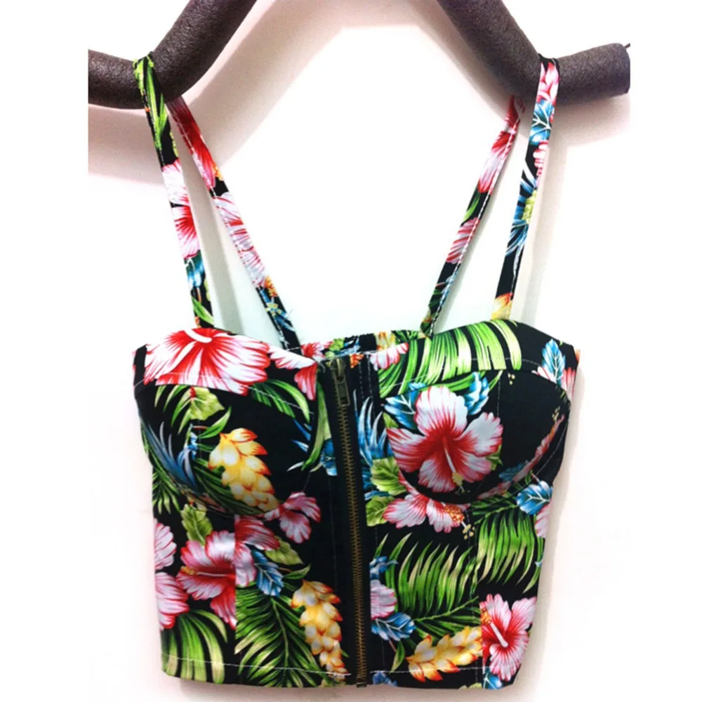 Vintage New Women Sexy Zipper Floral Padded Crop Tops Zipper Party Cami Tank Tops Tops