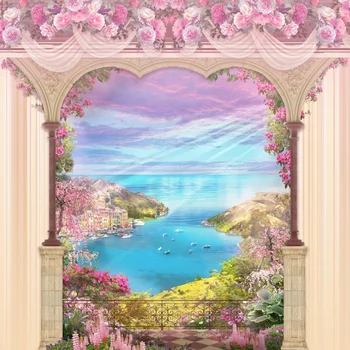 

Laeacco Dreamy Cloudy Sky Blue Sea Mountain Flowers Arch Photography Backgrounds For Photo Studio Vinyl Custom Photo Backdrops