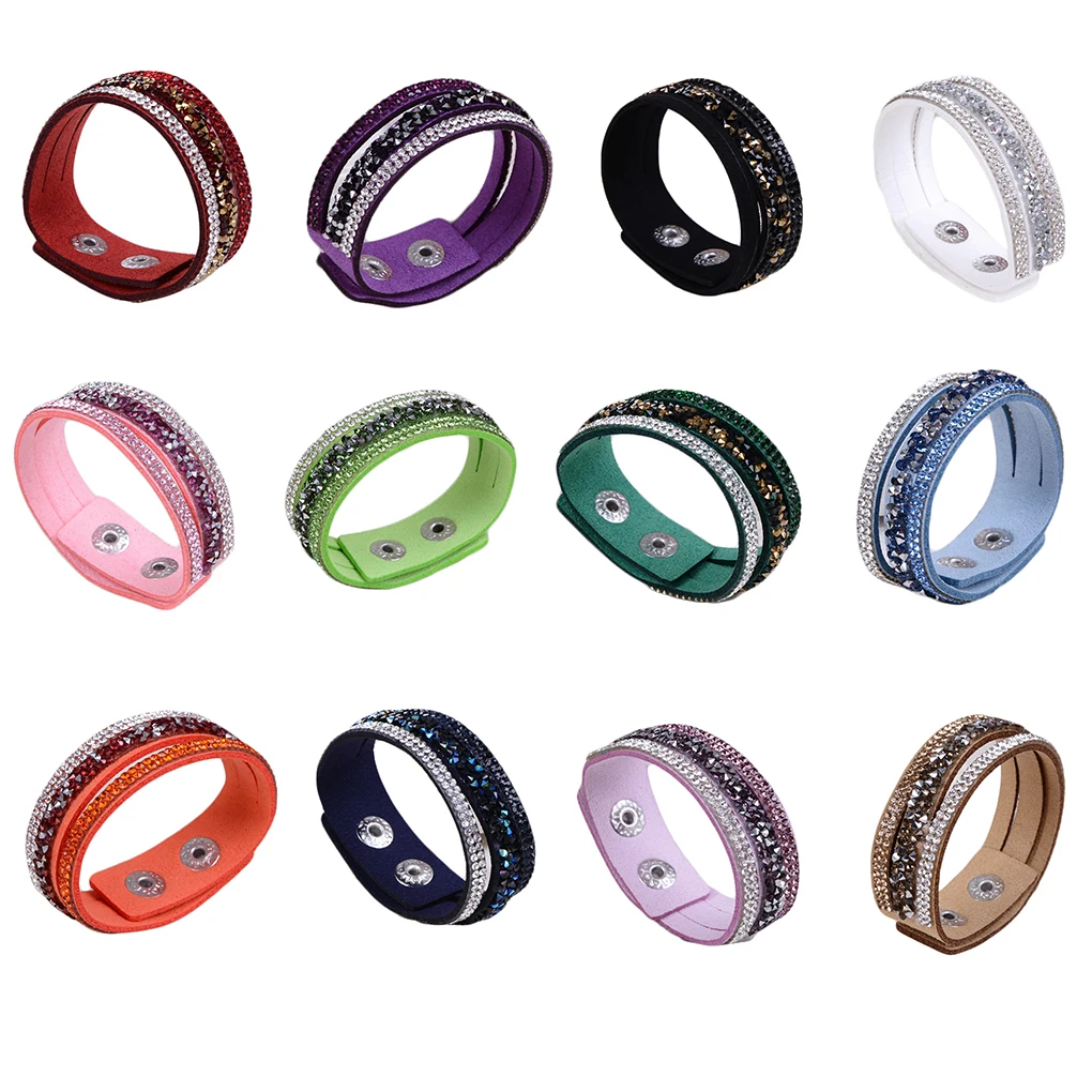 

Unisex Rhinestones Leather Wrap Bracelet with Two adjustable Button Clasps For Party