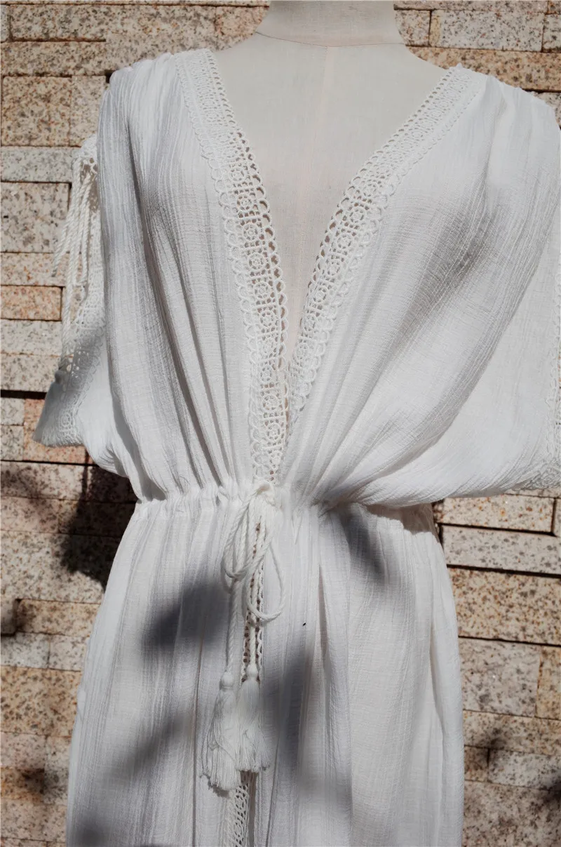 Элегантный греческий стиль безрукавный с Боковым Разрезом сексуальное Белое хлопковое пляжное платье с глубоким вырезом женский халат Туника купальник накидка N637
