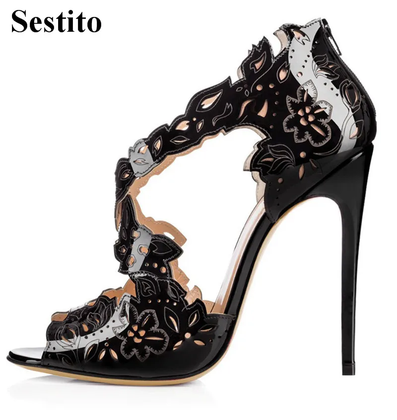 

Sexy Solid Fretwork Peep Toe High Heels Party Women Sandals Basic Super High Thin Heels Cross-tied Zip Cover Heel Ladies Shoes